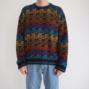 '80S Teal Purple Yellow 3D Eclectic Coogi Biggie Cosby Crewneck Knit Sweater L
